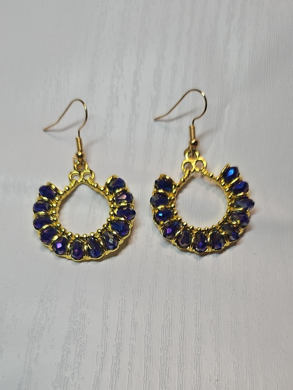 Gold Hoop Earrings with Deep Purple Crystal Like Accents
